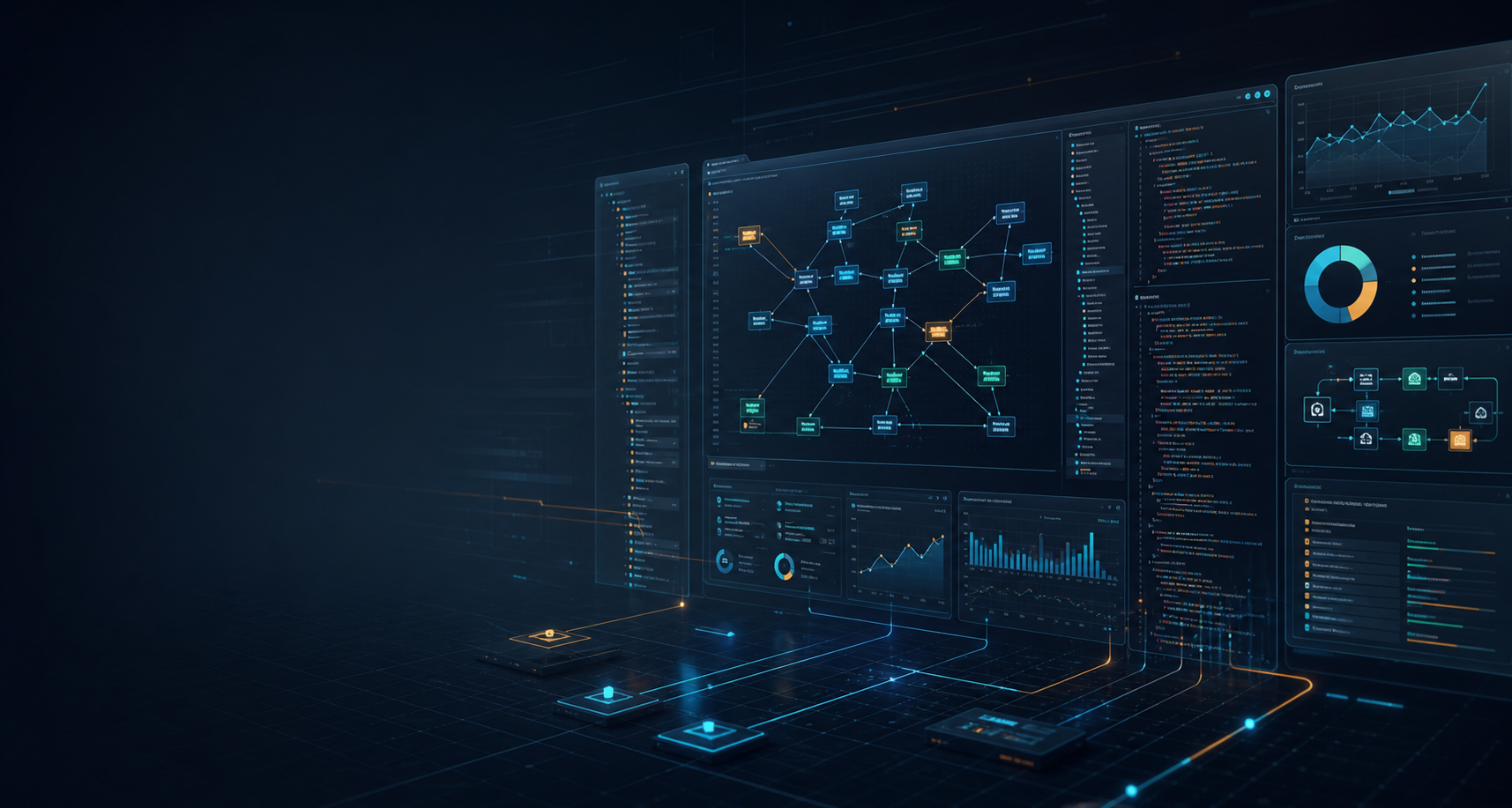 Abstract AI engineering intelligence dashboard with repository maps and automation flows